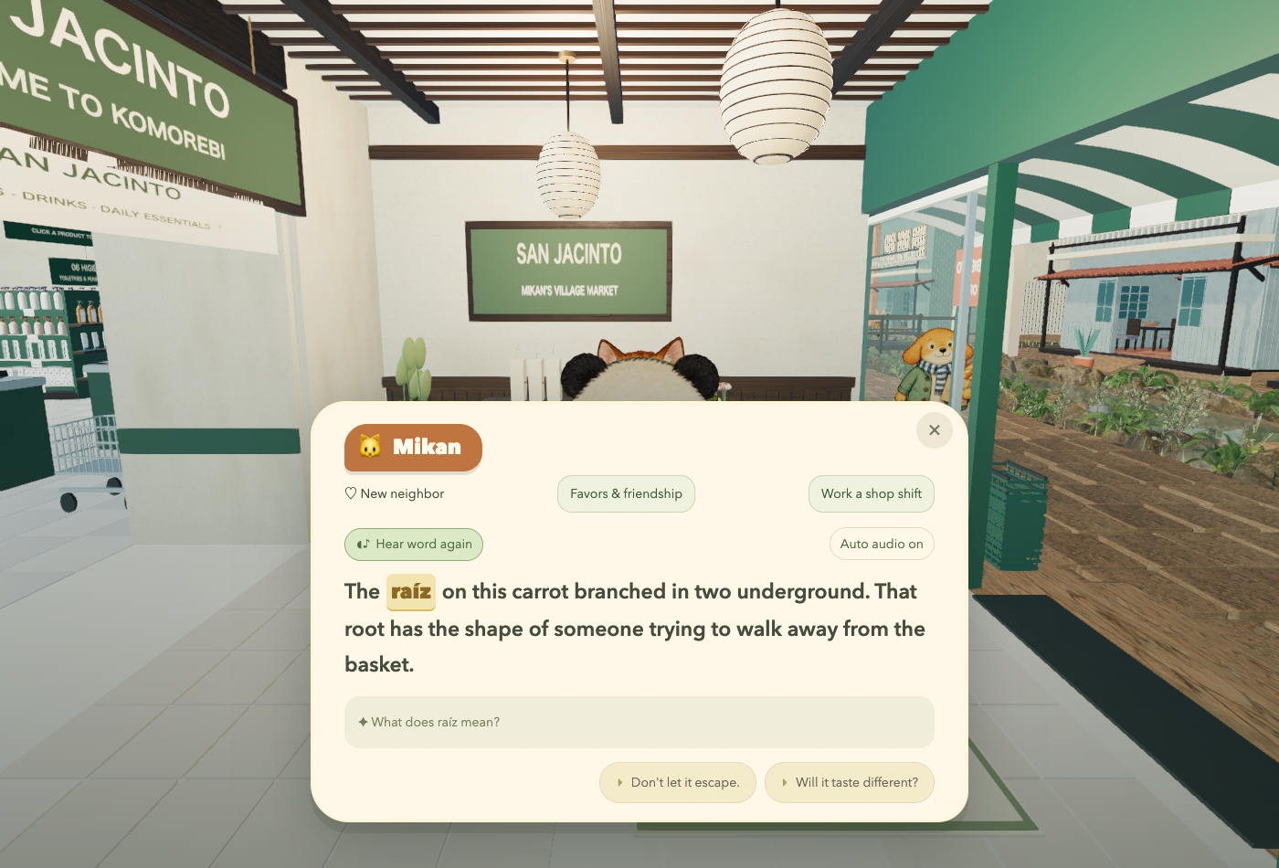 A conversation with Mikan introduces a Spanish word with pronunciation and meaning support
